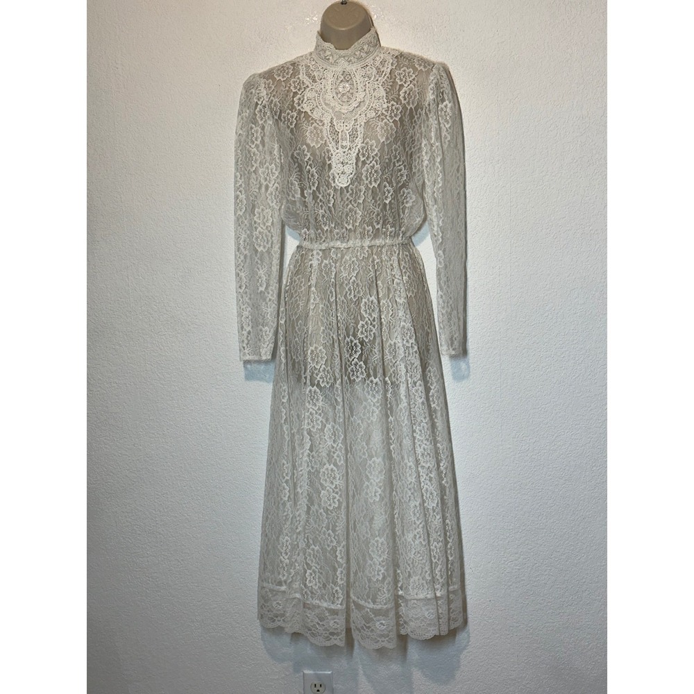 Vintage Gunne Sax Jessica McClintock Lace Midi Dress Ivory Victorian Prairie 70s